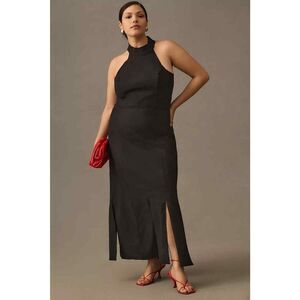 Anthropologie Maxi Halter Dress 1X Plus Sleeveless High Neck Side Slit Black